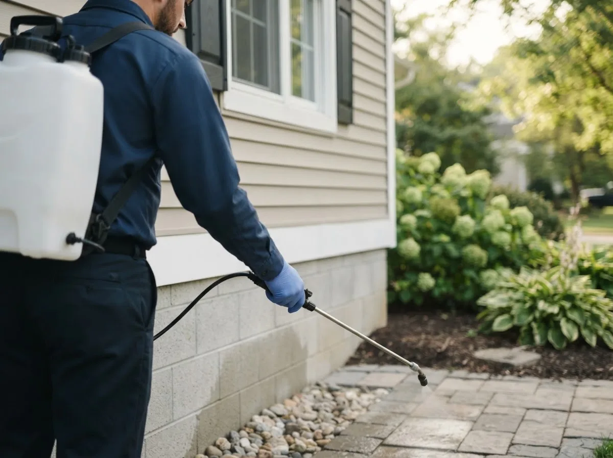 Pest control technician inspecting a home in Moulton, TX